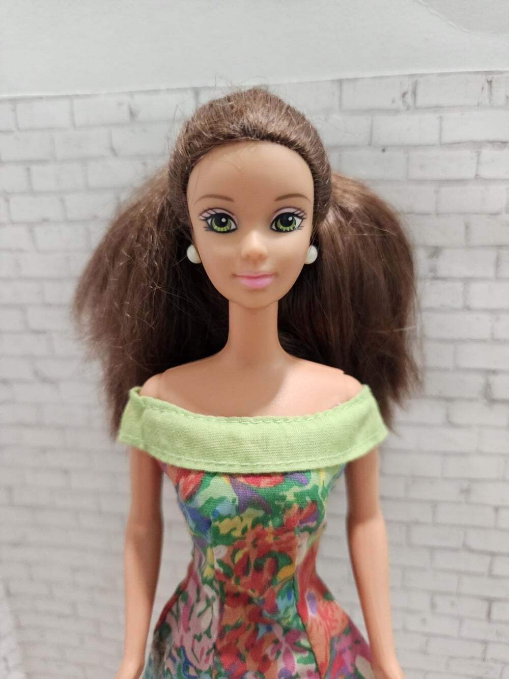 Vintage 1990s Mattel Disney Belle Beauty Beast Doll Green Eyes Floral Dress